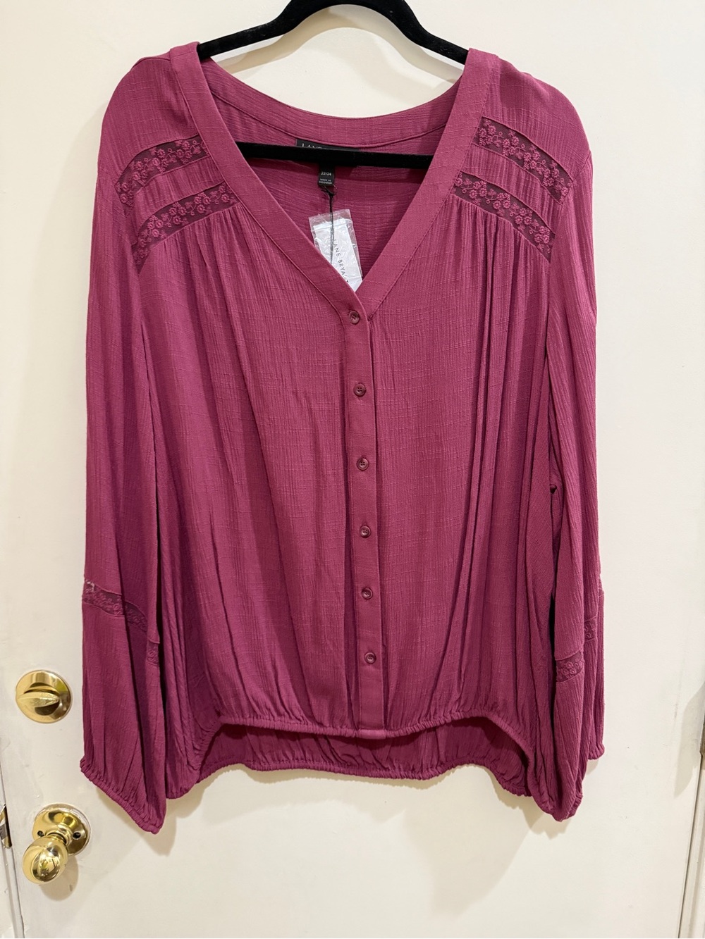 Lane Bryant V Neck Boho Bell Sleeve Button-Front Blouse - Mauve Rose NWT